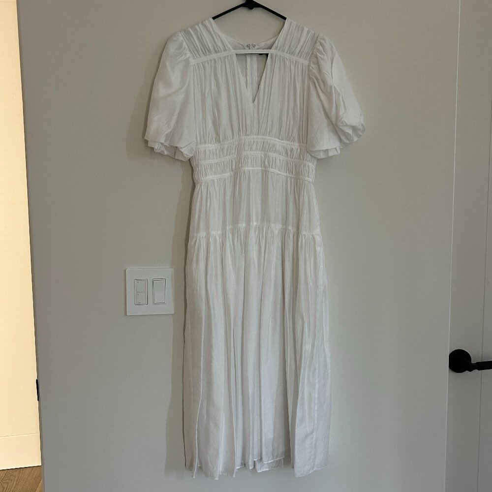 Saks Fifth Avenue White Puff Sleeve V-Neck Midi Dress, Size S